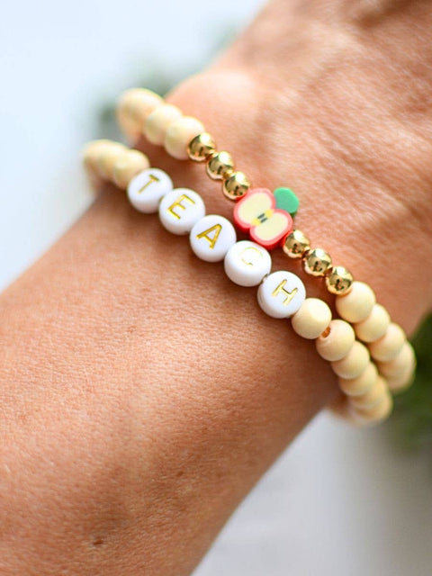 Wood Beaded Teacher Stretch Bracelet