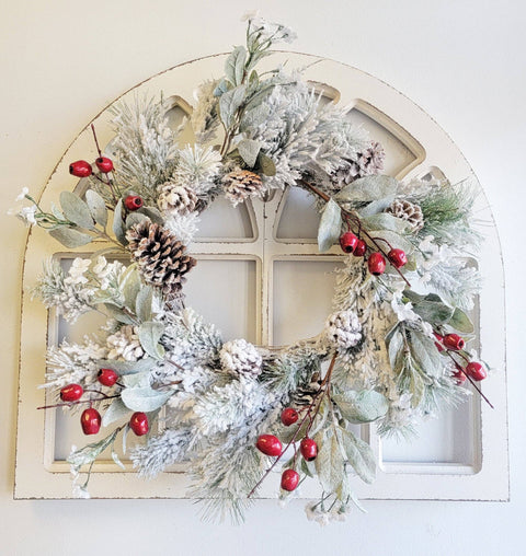 Flocked Lambs Ear Berry Pinecone Winter Wreath 24"