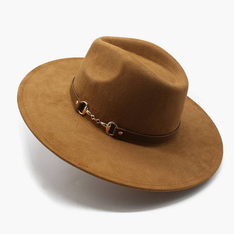 Brown fedora hat with a decorative band on a white background