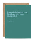the gift of snark this season greeting card pale blue on green background