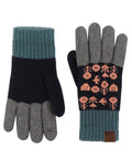 Pair of navy, gray, and orange gloves with floral pattern on a white background