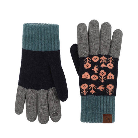 Pair of navy, gray, and orange gloves with floral pattern on a white background