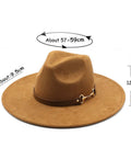 Brown fedora hat with measurements on a white background