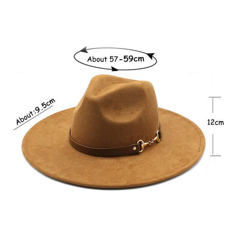 Brown fedora hat with measurements on a white background