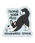 Sticker with a dog doing a yoga pose and text 'Today's Yoga Pose: Downward Spiral' on a light blue background