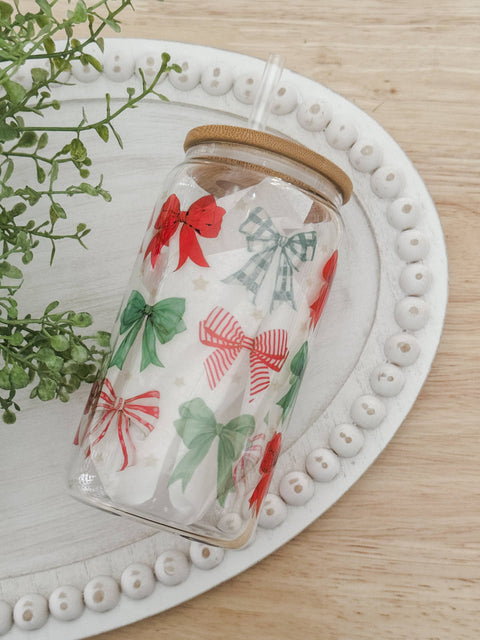 Winter Bows Glass Cup with Bamboo Lid 