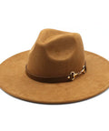 Brown fedora hat with a leather band on a white background