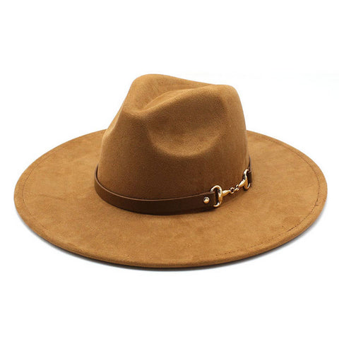 Brown fedora hat with a leather band on a white background