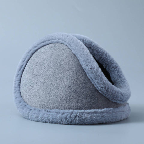 Light gray fleece-lined earmuffs with a soft fuzzy trim, photographed on a clean light gray studio background.