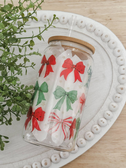 Winter Bows Glass Cup with Bamboo Lid 