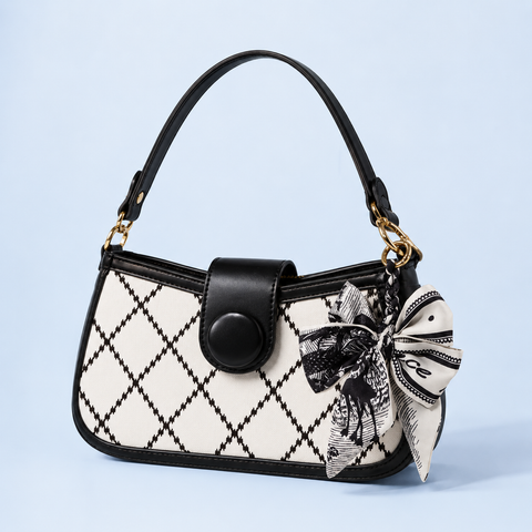 A black and white patterned handbag with a black leather handle, a snap-button closure, and a decorative black-and-white patterned bow, shown on a light blue background.