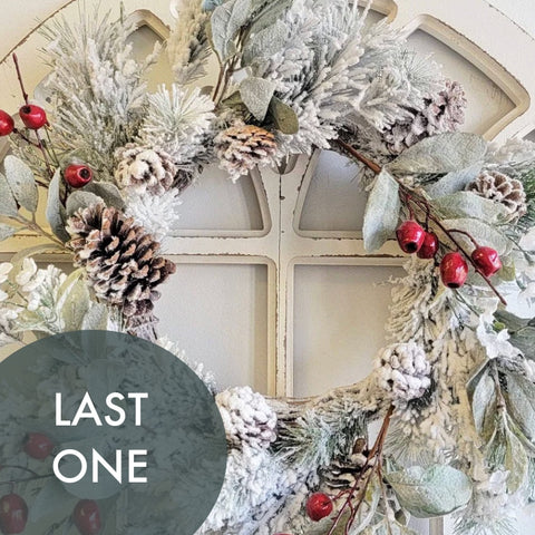 Flocked Lambs Ear Berry Pinecone Winter Wreath 24"