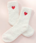 fuzzy white socks with embroidered red heart