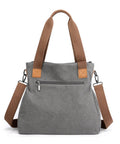 Gray tote bag with brown straps on a white background
