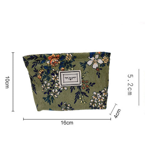 Floral-patterned pouch with dimensions on a white background