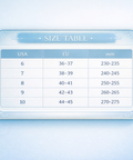 Size chart comparing USA, EU, and mm measurements on a light blue background