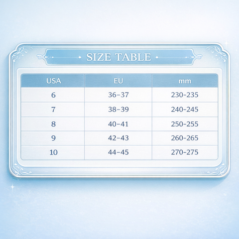 Size chart comparing USA, EU, and mm measurements on a light blue background
