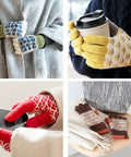 Four images of hands wearing patterned gloves in various colors with different activities.