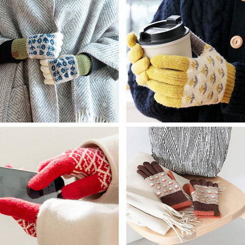 Four images of hands wearing patterned gloves in various colors with different activities.