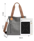 Gray canvas shoulder bag with brown straps and trim, shown with dimension markers (30cm height, 32cm strap height, 12cm width, 35cm overall) and a tablet prop on a white background.
