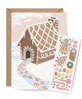 gingerbread house holiday card with candy looking stickers for decorating the gingerbread house