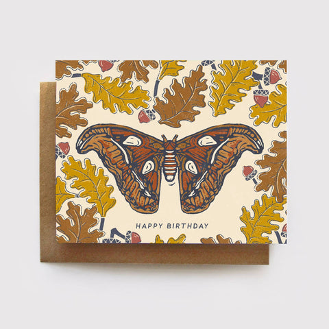 Atlas Moth + Oak Leaves Fall Autumn Happy Birthday Card