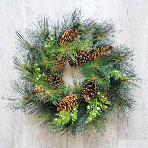 Winter Long Needle Juniper Pinecone Wreath 24"