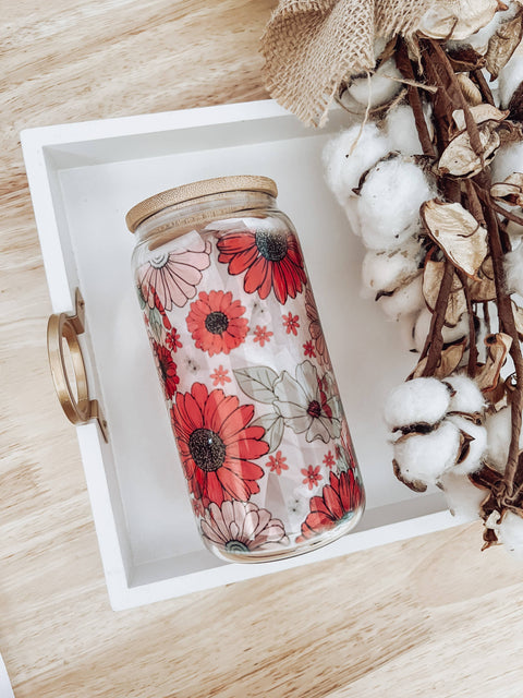 Winter Floral 16 oz Glass Cup with Bamboo Lid